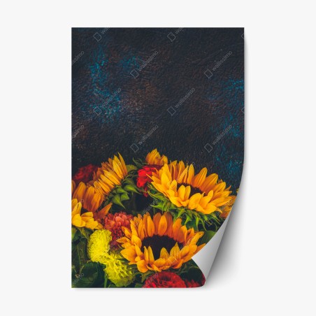 Repositionierbarer Aufkleber lebendiger sonnenblumenstrauß vor dunklem hintergrund – Wallnifity®