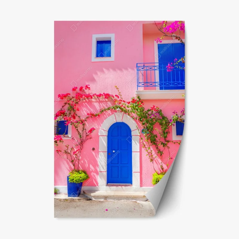 Repositionierbarer Aufkleber leuchtende rosa fassade mit blauer tür