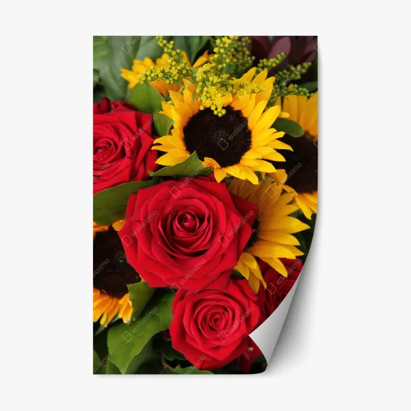 Repositionierbarer Aufkleber rote rosen und sonnenblumen im bukett
