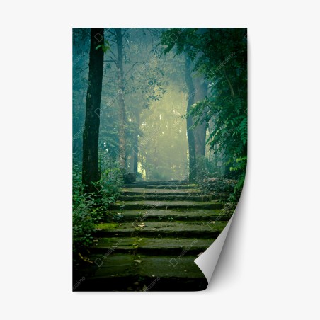 Repositionierbarer Aufkleber moosbedeckte steintreppe in den nebligen wald – Wallnifity®