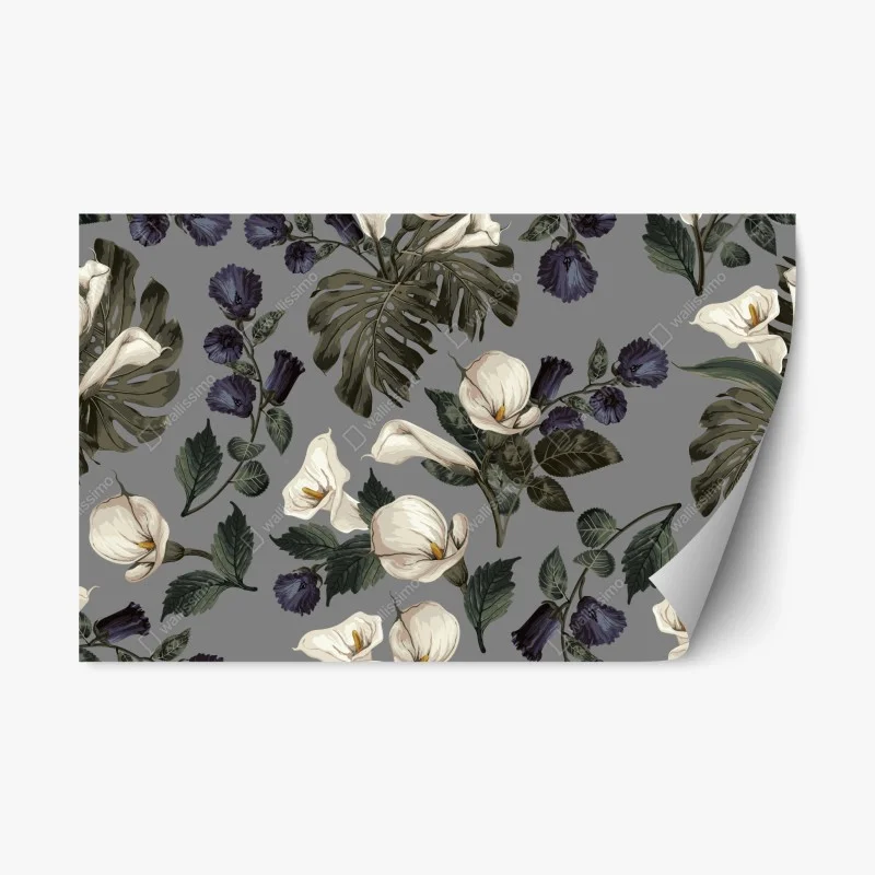 Repositionierbarer Aufkleber vintage calla blumenmuster auf grauem hintergrund