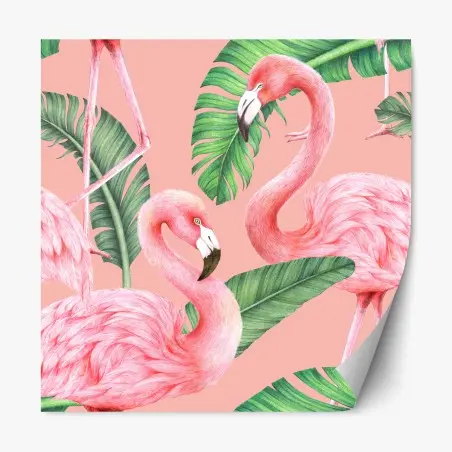 Repositionierbarer Aufkleber rosa flamingo muster mit tropischen blättern – Wallnifity®