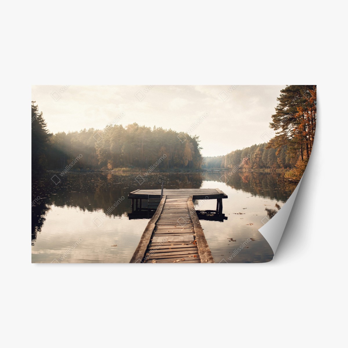 Repositionierbarer Aufkleber herbstmorgen am see mit hölzernem steg – Wallnifity®