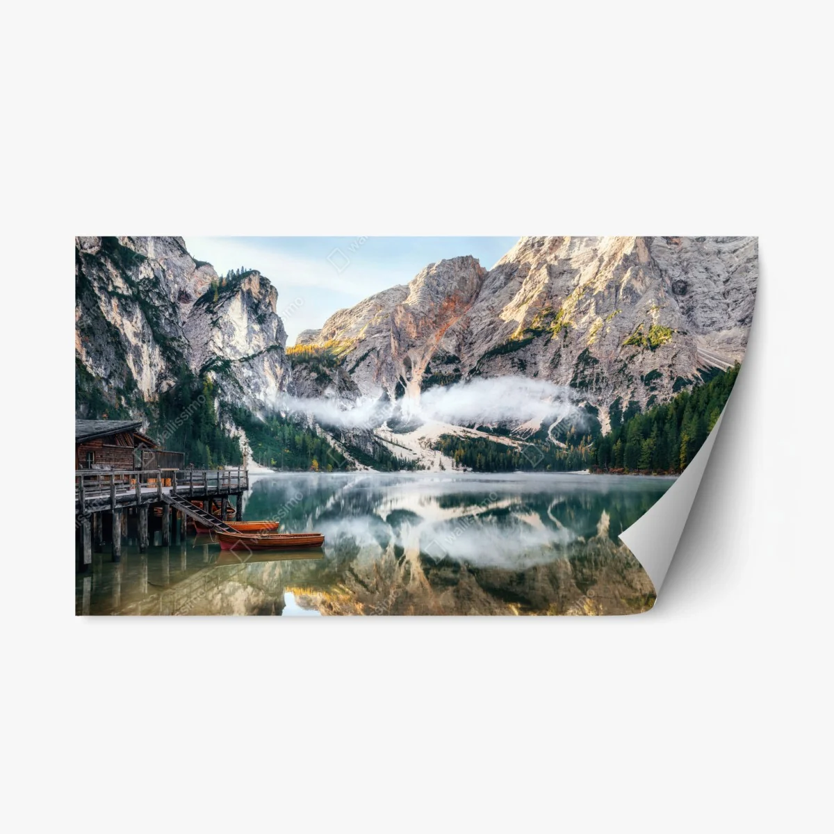 Repositionierbarer Aufkleber nebliger alpensee mit spiegelung – Wallnifity® Repositionierbarer Aufkleber nebliger alpensee mit spiegelung – Wallnifity®