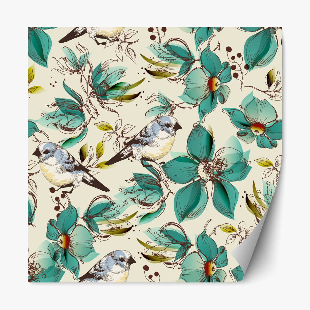 Repositionierbarer Aufkleber retro türkis blumen- und vogelmuster – Wallnifity®