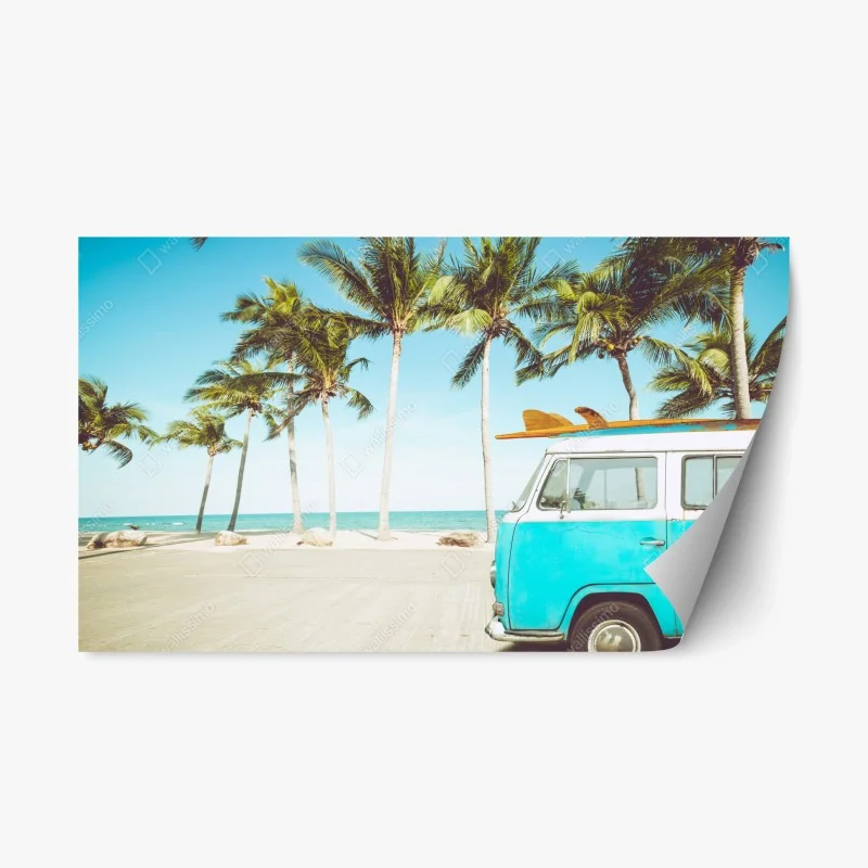 Repositionierbarer Aufkleber vintage surfbus am tropischen strand