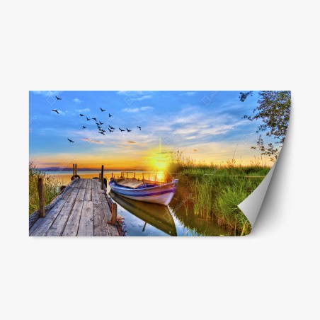 Repositionierbarer Aufkleber sonnenuntergang am see mit boot am steg – Wallnifity®