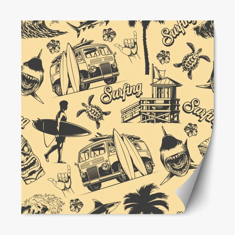 Repositionierbarer Aufkleber retro surfing muster mit campingbus und wellen