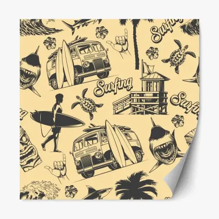 Repositionierbarer Aufkleber retro surfing muster mit campingbus und wellen – Wallnifity®