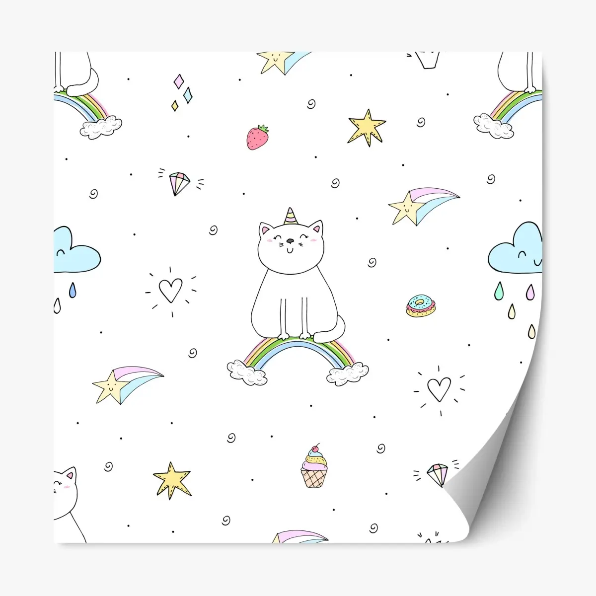Repositionierbarer Aufkleber pastell-einhornkatze auf dem regenbogen – Wallnifity®