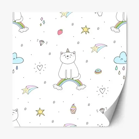 Repositionierbarer Aufkleber pastell-einhornkatze auf dem regenbogen – Wallnifity®