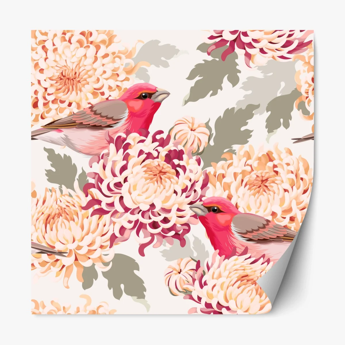 Repositionierbarer Aufkleber rosa vögel und chryzanthemenmuster – Wallnifity® Repositionierbarer Aufkleber rosa vögel und chryzanthemenmuster – Wallnifity®