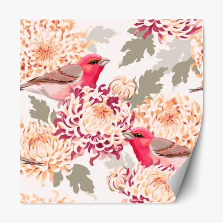 Repositionierbarer Aufkleber rosa vögel und chryzanthemenmuster – Wallnifity®
