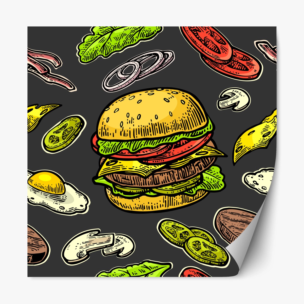Repositionierbarer Aufkleber buntes burger-muster mit zutaten – Wallnifity®