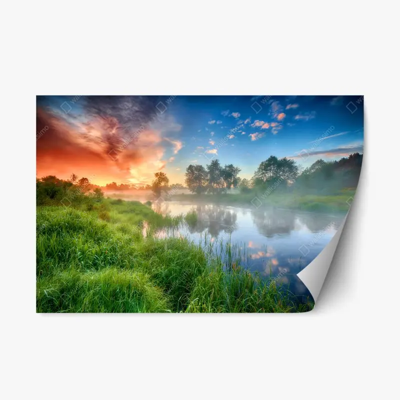 Repositionierbarer Aufkleber nebel bei sonnenaufgang am flussufer