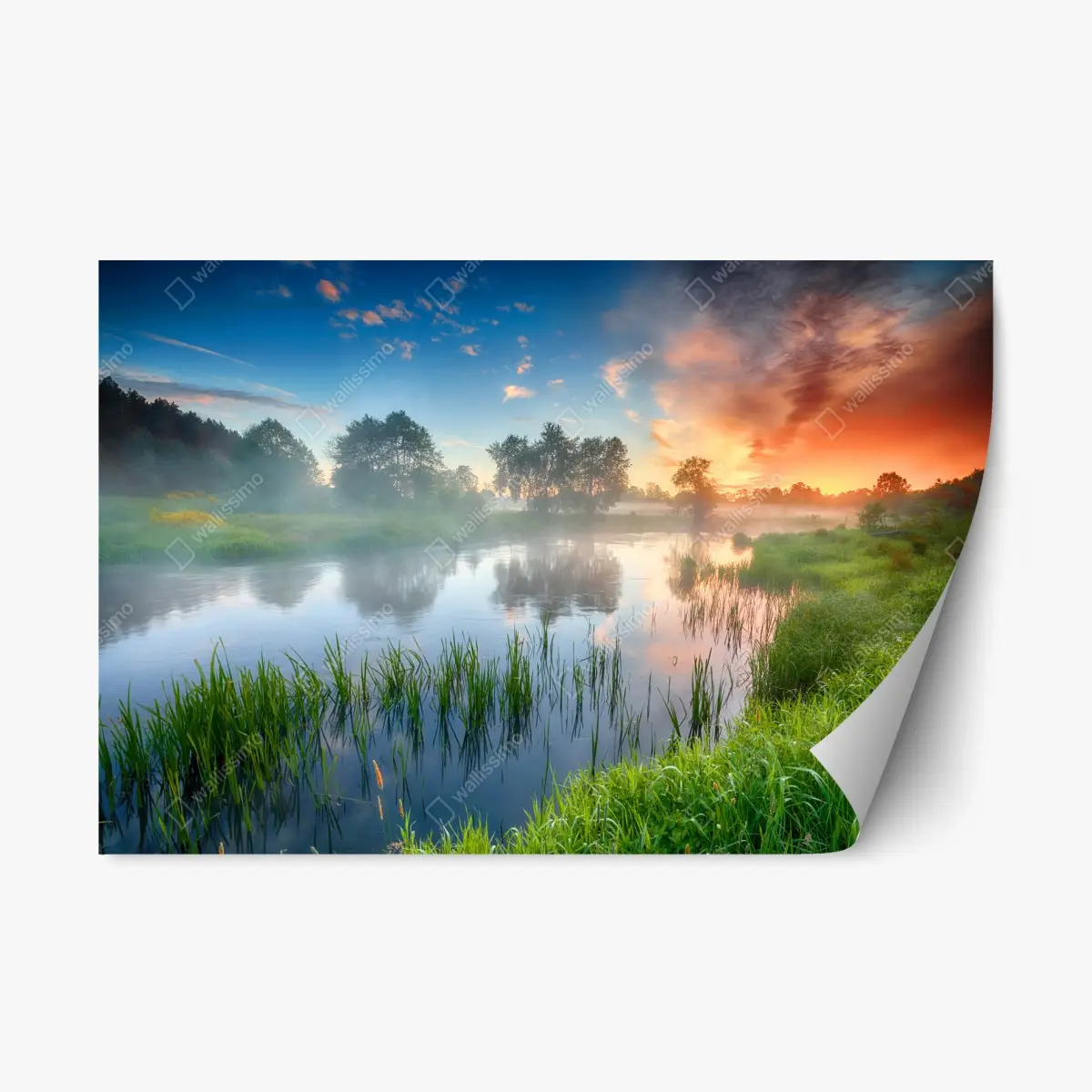 Repositionierbarer Aufkleber nebliger fluss bei sonnenaufgang über grünen ufern – Wallnifity® Repositionierbarer Aufkleber nebliger fluss bei sonnenaufgang über grünen ufern – Wallnifity®