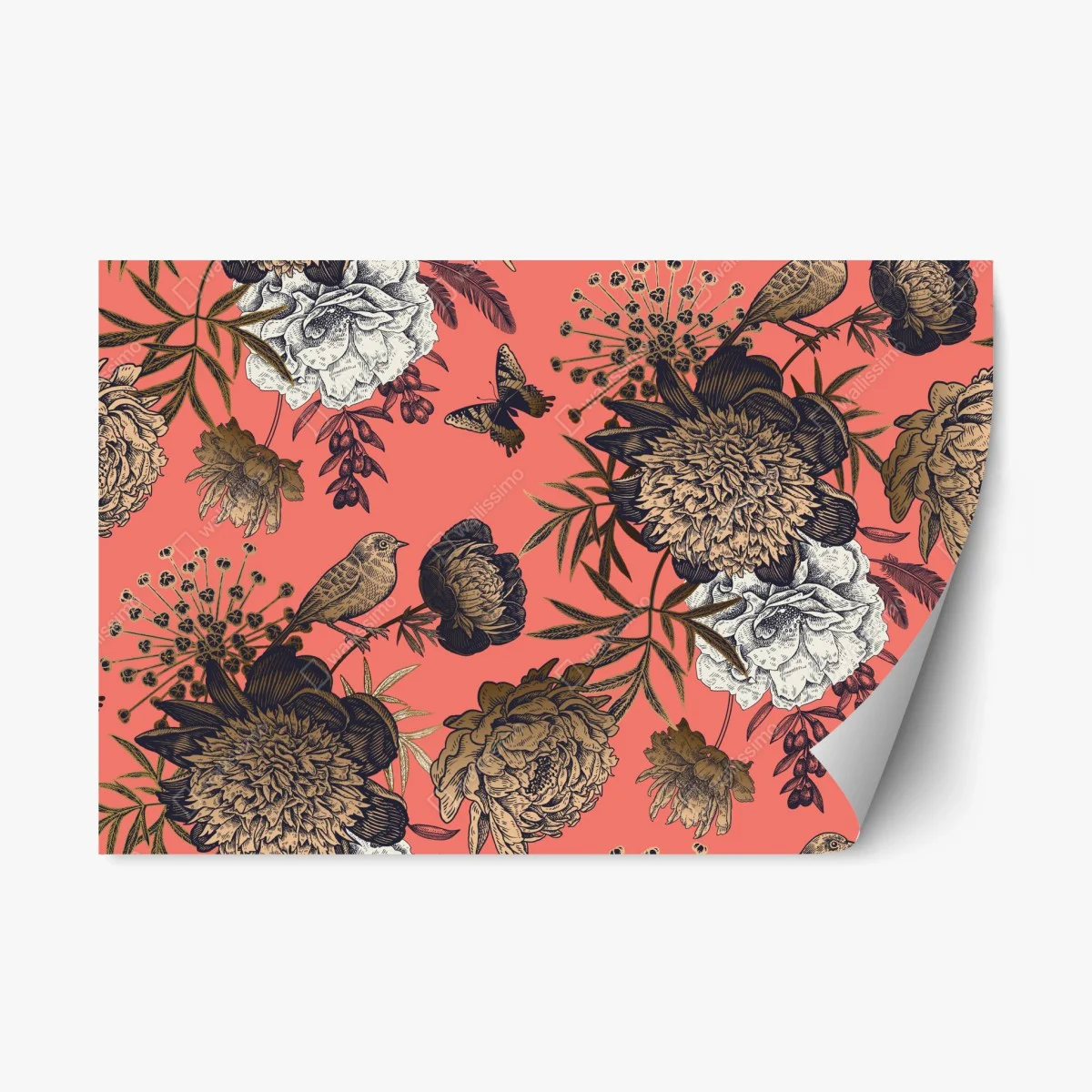 Repositionierbarer Aufkleber vintage blumenmuster mit vögeln auf korallenhintergrund – Wallnifity® Repositionierbarer Aufkleber vintage blumenmuster mit vögeln auf korallenhintergrund – Wallnifity®