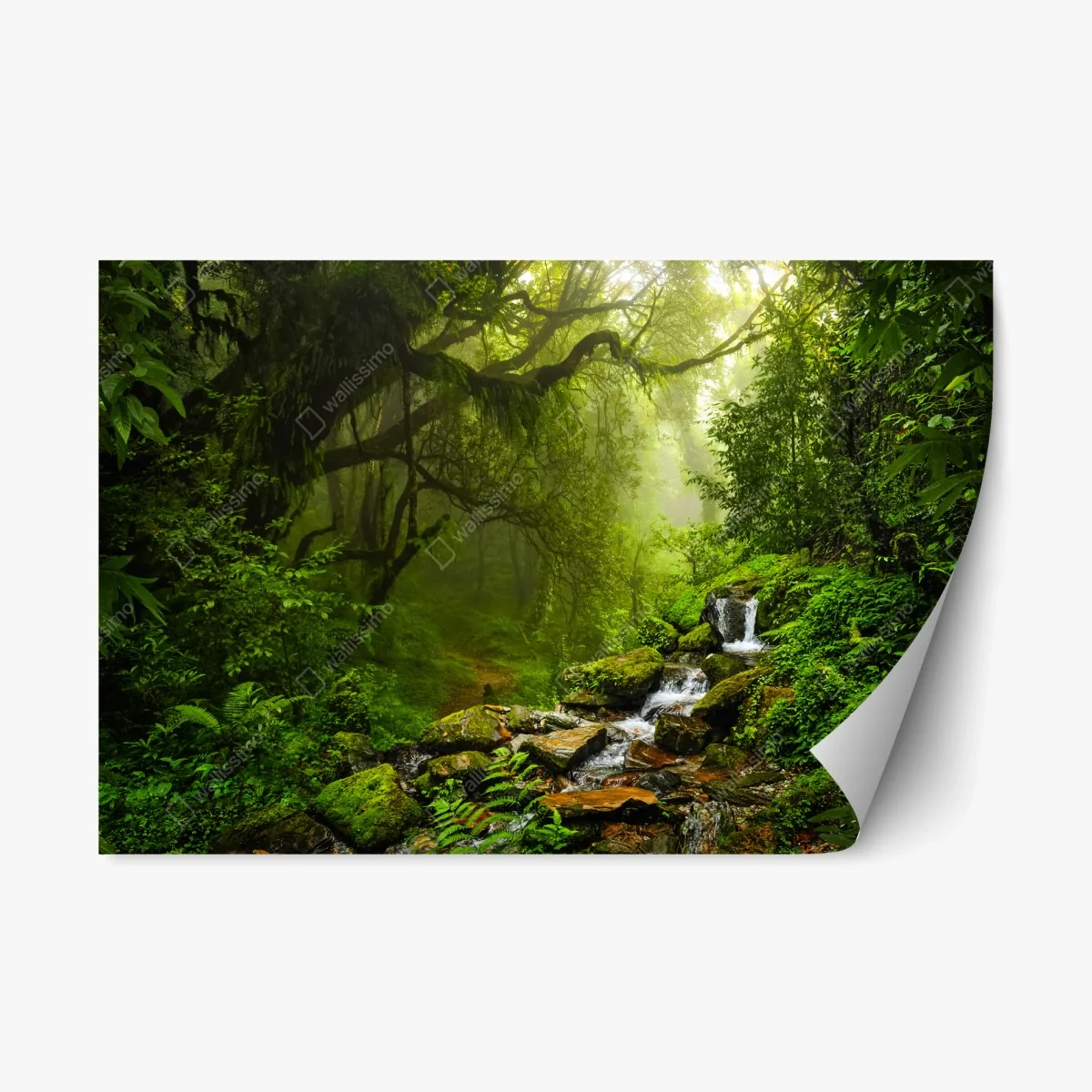Repositionierbarer Aufkleber üppiger nebliger waldwasserfall – Wallnifity® Repositionierbarer Aufkleber üppiger nebliger waldwasserfall – Wallnifity®