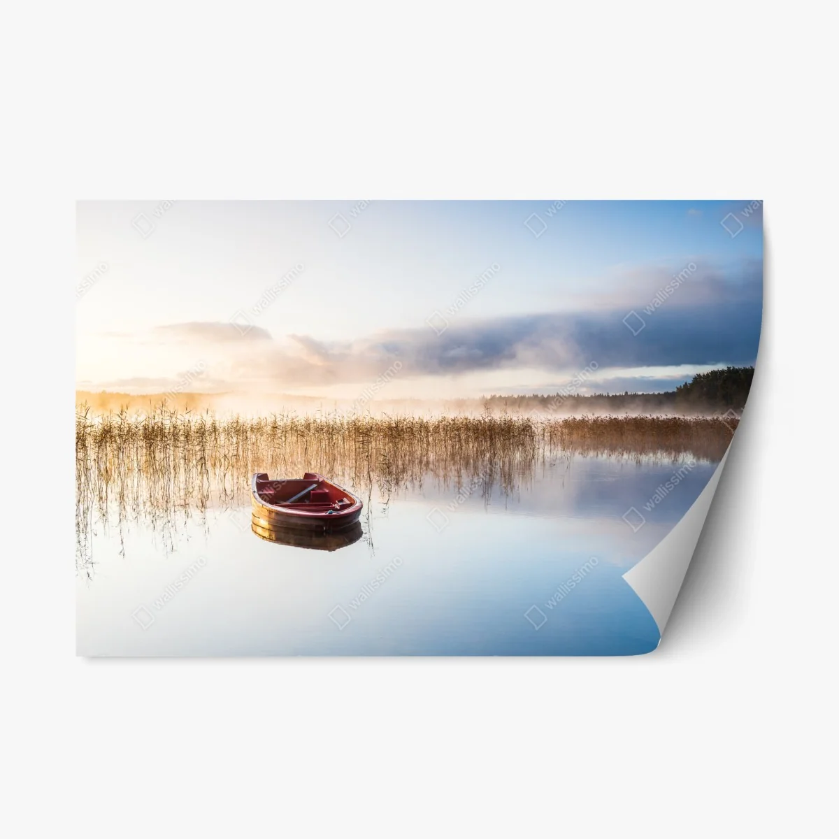 Repositionierbarer Aufkleber nebliger morgen am see mit rotem boot – Wallnifity® Repositionierbarer Aufkleber nebliger morgen am see mit rotem boot – Wallnifity®