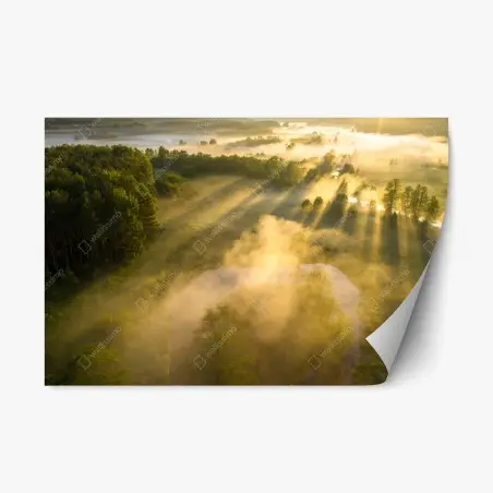 Repositionierbarer Aufkleber goldener morgen über nebligem fluss – Wallnifity®