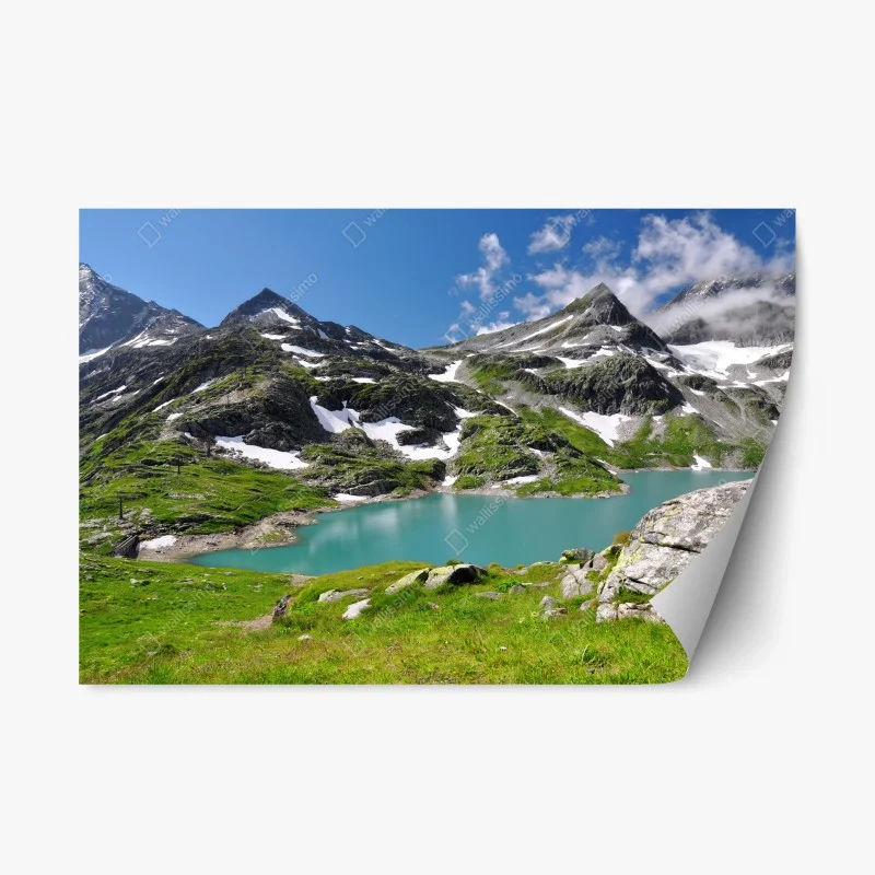 Repositionierbarer Aufkleber bergsee mit türkiswasser und gebirgspanorama – Wallnifity® Repositionierbarer Aufkleber bergsee mit türkiswasser und gebirgspanorama – Wallnifity®