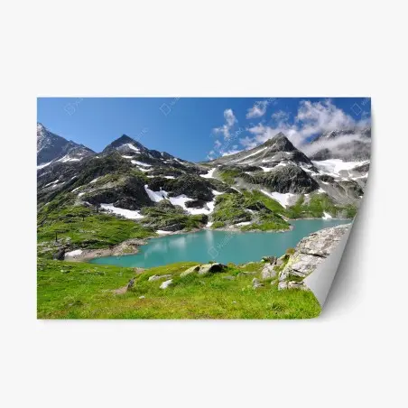 Repositionierbarer Aufkleber bergsee mit türkiswasser und gebirgspanorama – Wallnifity®