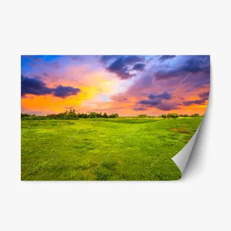 Repositionierbarer Aufkleber sonnenuntergang über grüner wiese – Wallnifity®