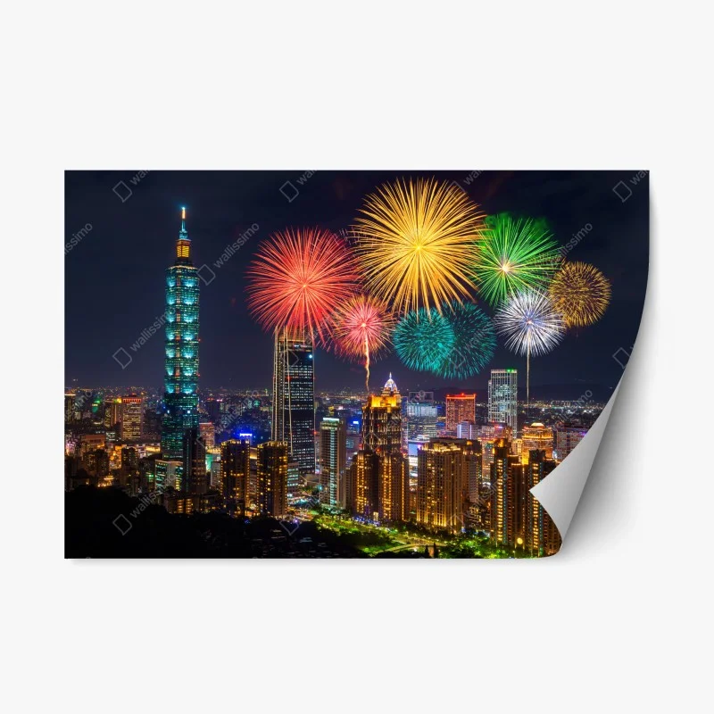 Repositionierbarer Aufkleber Taipeh feuerwerk über der stadtsilhouette