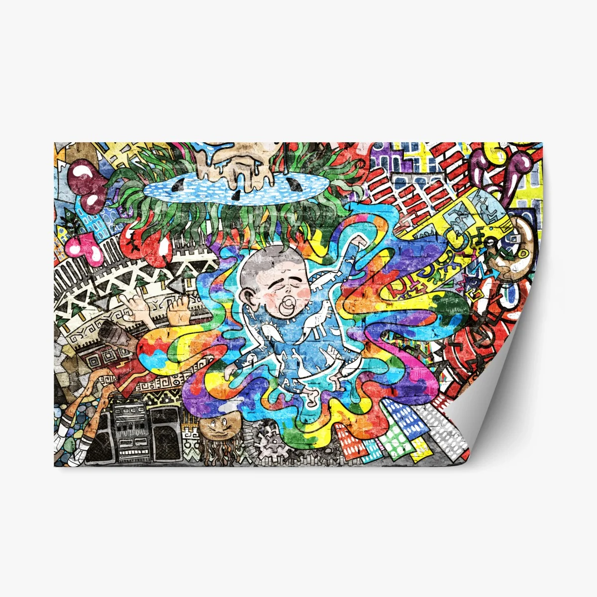 Repositionierbarer Aufkleber buntes graffiti-mural mit träumendem kind – Wallnifity® Repositionierbarer Aufkleber buntes graffiti-mural mit träumendem kind – Wallnifity®