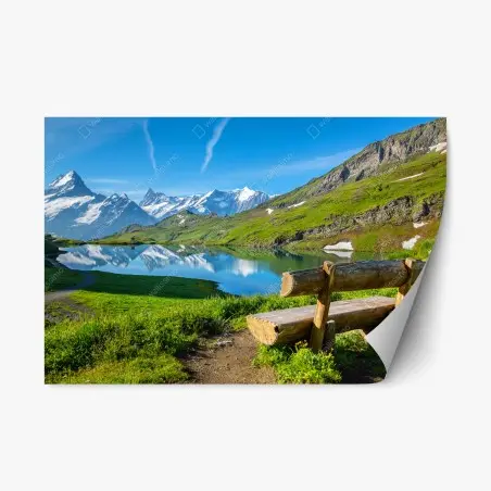 Repositionierbarer Aufkleber alpensee mit hölzerner bank – Wallnifity®