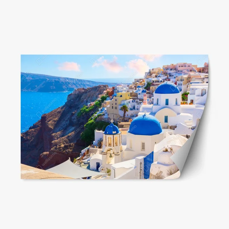 Repositionierbarer Aufkleber Santorini blaue kuppeln und weiße häuser