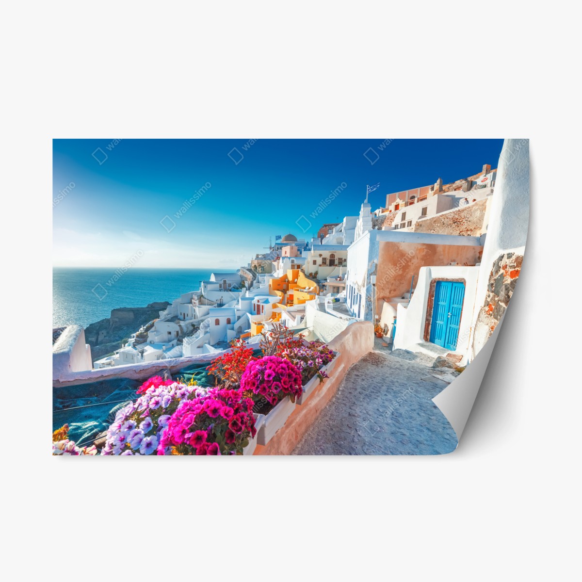 Repositionierbarer Aufkleber sonniges Santorini am klippenrand – Wallnifity®