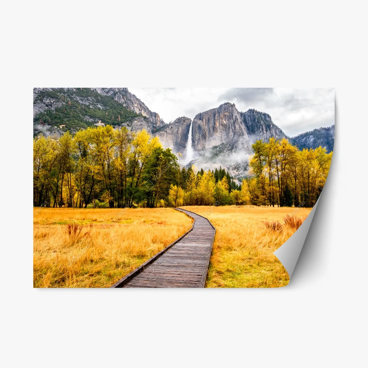 Repositionierbarer Aufkleber herbstlicher steg zum wasserfall – Wallnifity® Repositionierbarer Aufkleber herbstlicher steg zum wasserfall – Wallnifity®