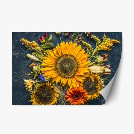 Repositionierbarer Aufkleber herbstlicher sonnenblumenstrauß auf dunklem rustikalem hintergrund – Wallnifity®