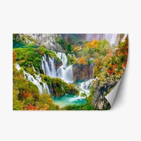 Repositionierbarer Aufkleber türkisfarbener wasserfall im herbst – Wallnifity®