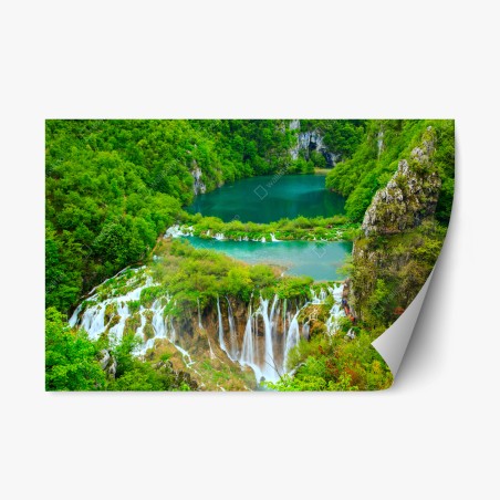Repositionierbarer Aufkleber üppiger wasserfall und türkise seen – Wallnifity®