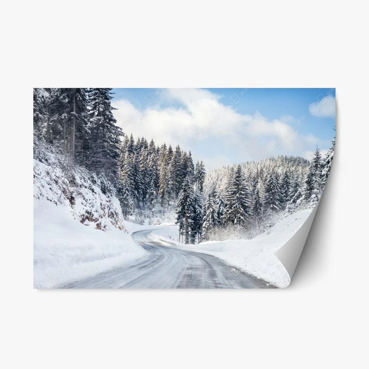 Repositionierbarer Aufkleber winterstraße durch verschneiten nadelwald – Wallnifity® Repositionierbarer Aufkleber winterstraße durch verschneiten nadelwald – Wallnifity®