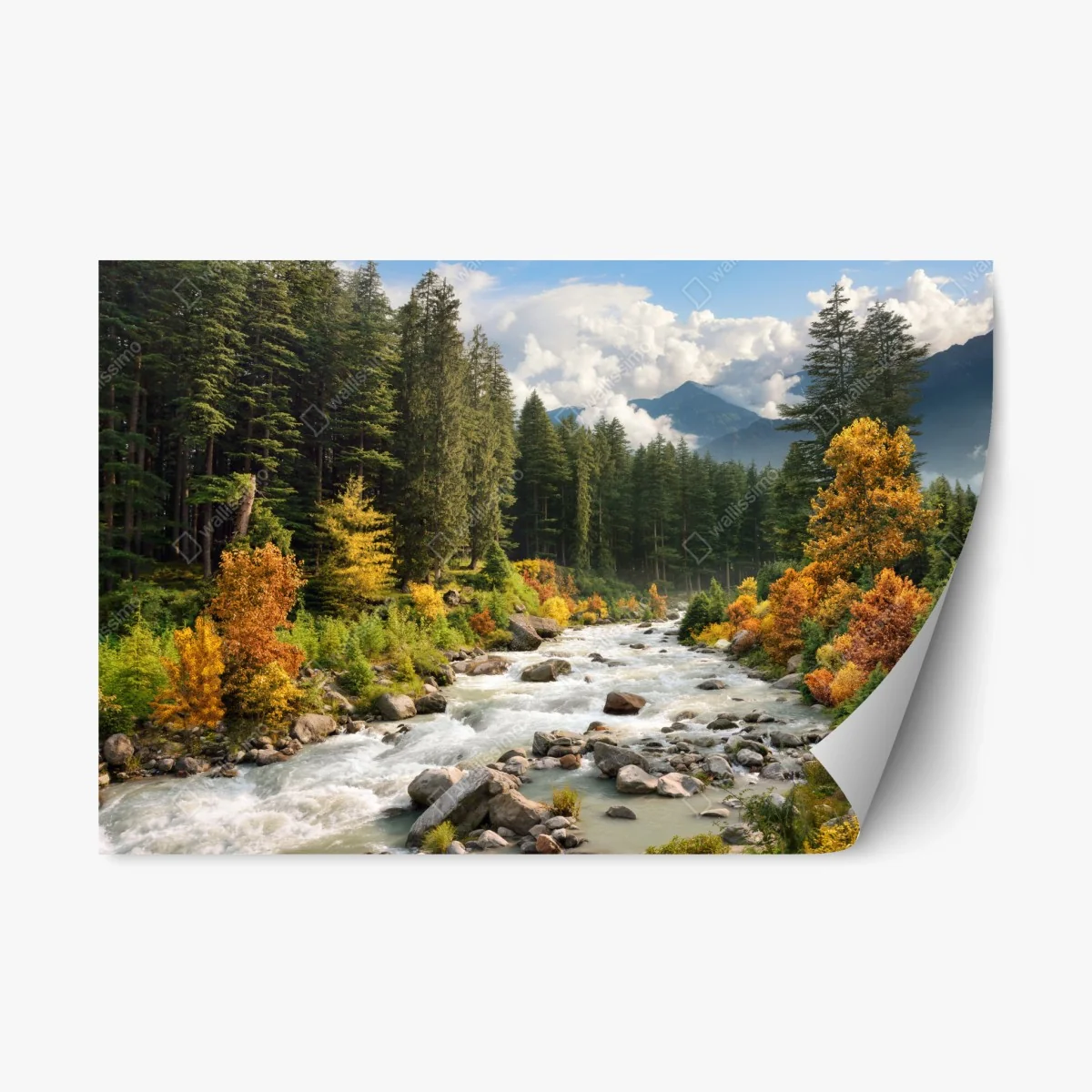 Repositionierbarer Aufkleber herbstliche berglandschaft mit fluss – Wallnifity® Repositionierbarer Aufkleber herbstliche berglandschaft mit fluss – Wallnifity®