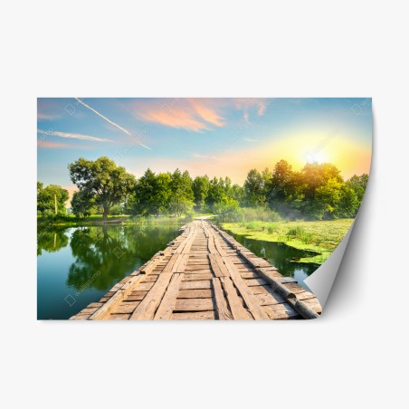 Repositionierbarer Aufkleber sonnige hölzerne brücke über ruhigen see – Wallnifity®