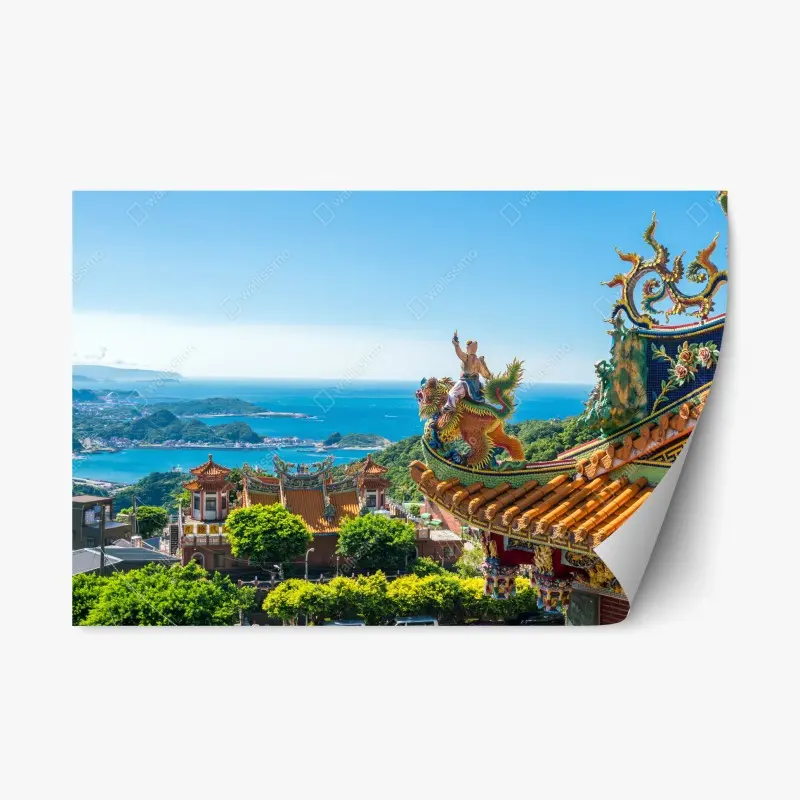 Repositionierbarer Aufkleber tempel mit blick auf die küste von Jiufen, Taiwan