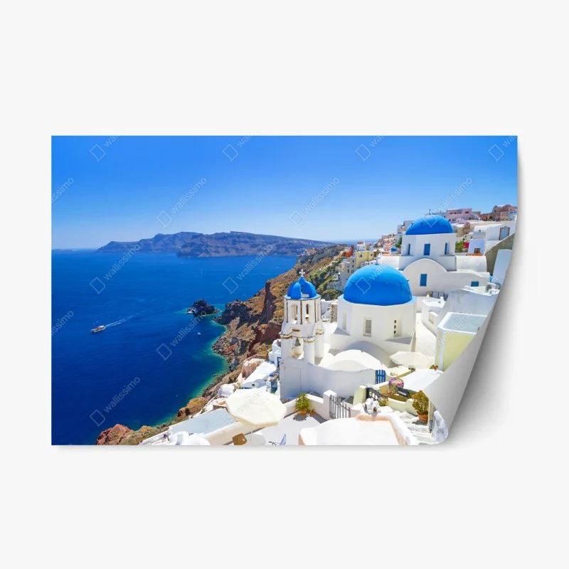 Repositionierbarer Aufkleber Santorini blaue kuppeln über der kaldera