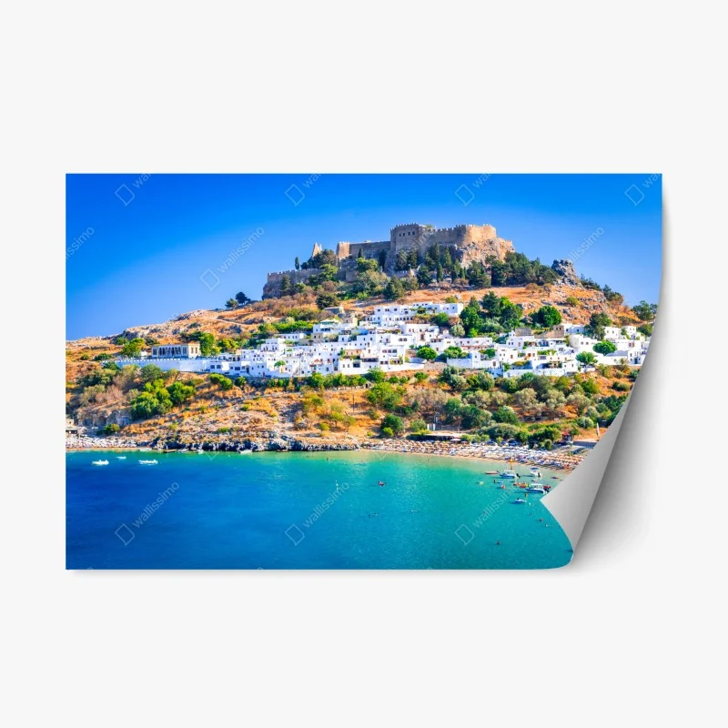 Repositionierbarer Aufkleber Lindos: akropolis über dem weißen dorf, Rhodos