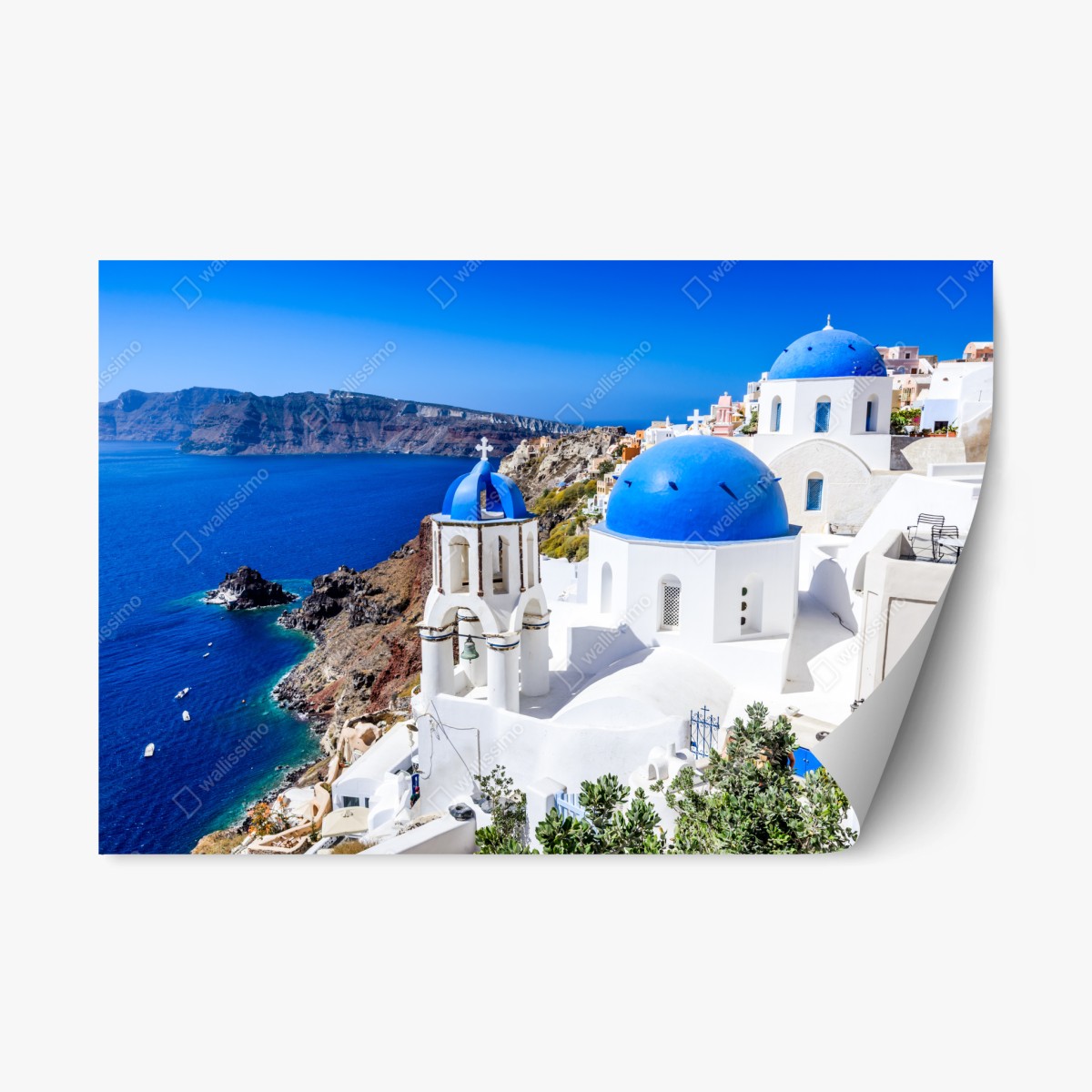 Repositionierbarer Aufkleber Santorini blaue kuppeln über der kaldera – Wallnifity®