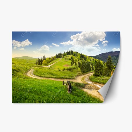 Repositionierbarer Aufkleber gewundener feldweg durch grüne hügel – Wallnifity®