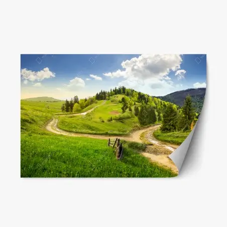 Repositionierbarer Aufkleber gewundener feldweg durch grüne hügel – Wallnifity®