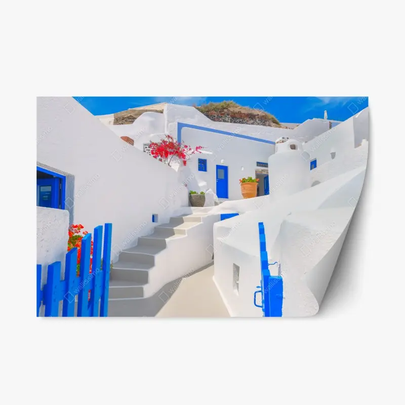 Repositionierbarer Aufkleber Santorini weiße häuser mit blauen akzenten