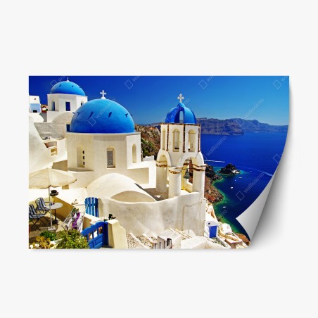 Repositionierbarer Aufkleber Santorini blaue kuppeln meerblick – Wallnifity®