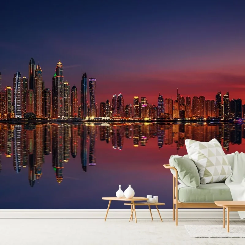 Fototapete stadtpanorama bei sonnenuntergang mit spiegelung – Wallnifity®