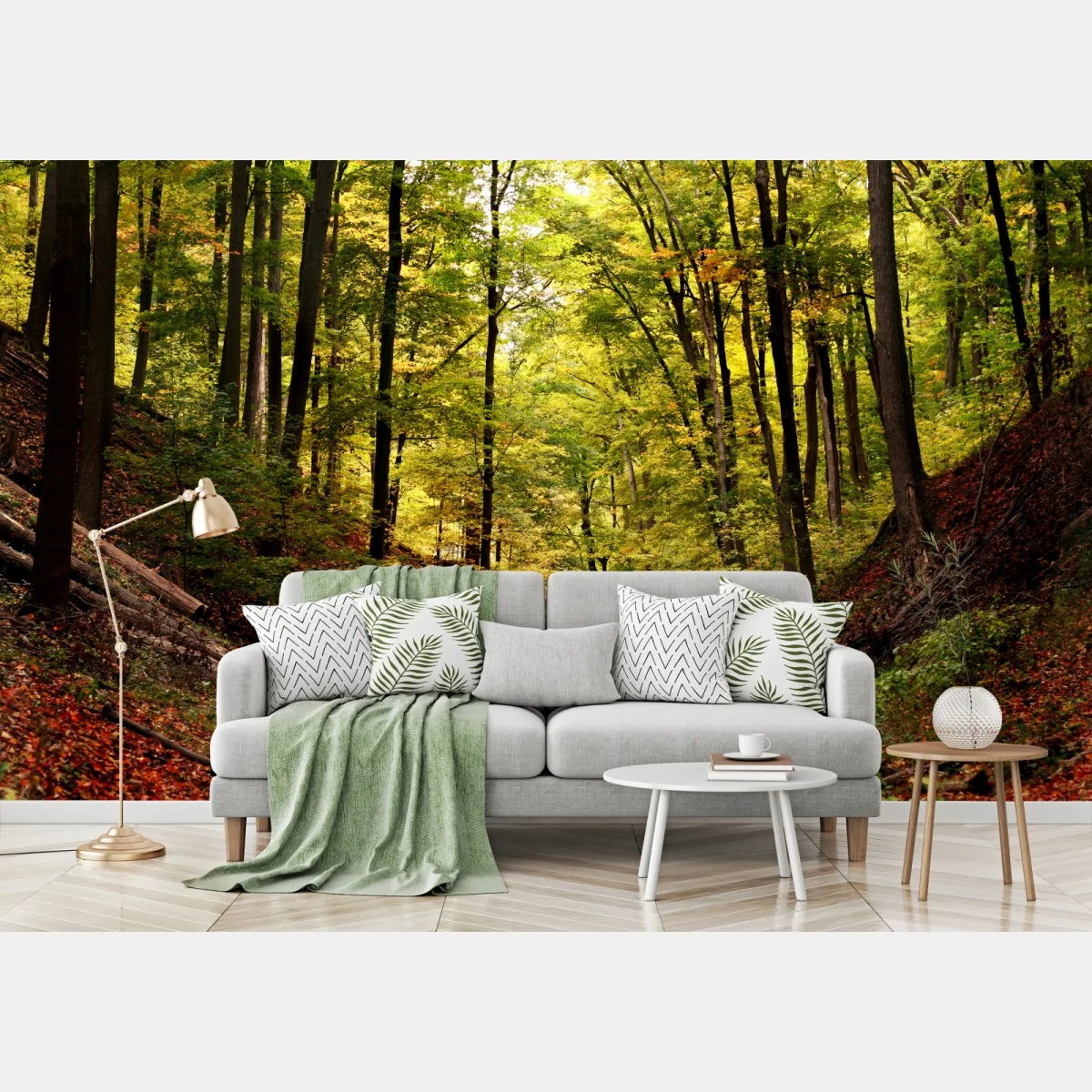 Fototapete herbstlicher waldweg unter grünem blätterdach – Wallnifity® Fototapete herbstlicher waldweg unter grünem blätterdach – Wallnifity®