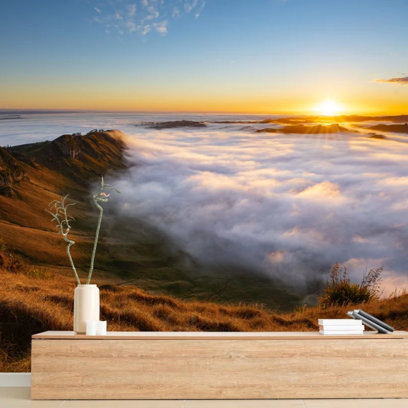 Fototapete sonnenaufgang über nebeligem bergtal – Wallnifity®